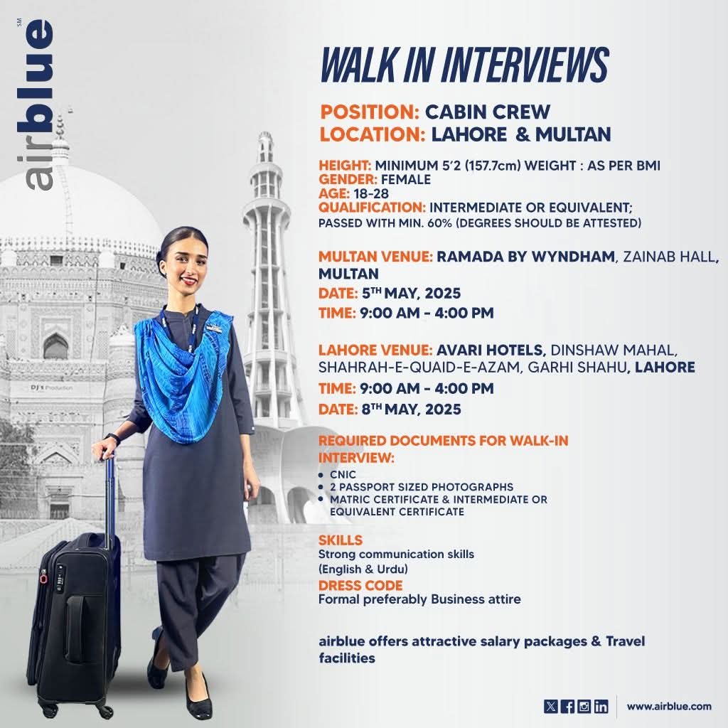 Airblue Air Hostess Jobs 2025 Advertisement: