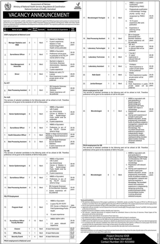 Ministry of National Health Services Jobs 2025 Advertisement: