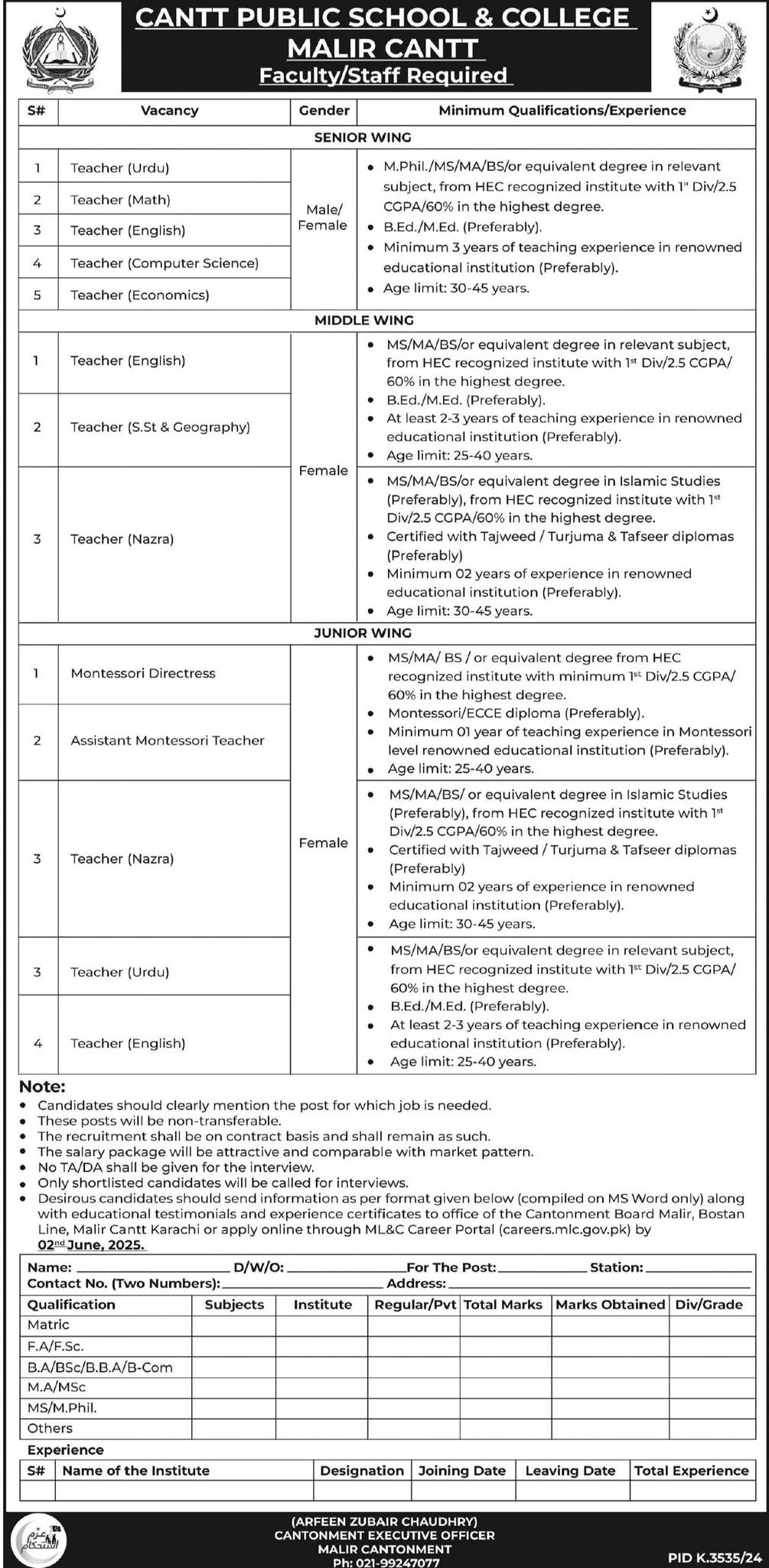 Cantt Public School and College Jobs 2025 Advertisement