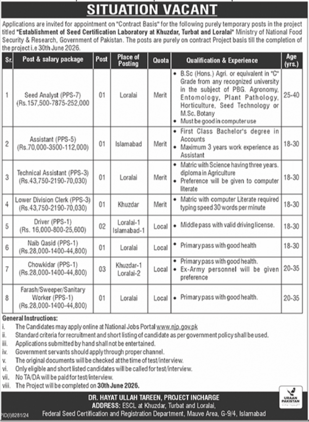 Ministry of National Food Security Jobs 2025 Advertisement: