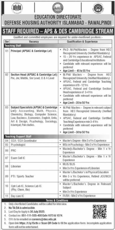 APS Army Public School Education Directorate DHA Jobs 2025 Advertisement: