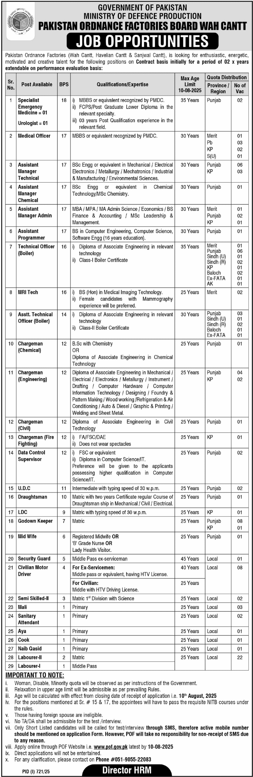 Pakistan Ordnance Factories POF Jobs 2025 Advertisement: