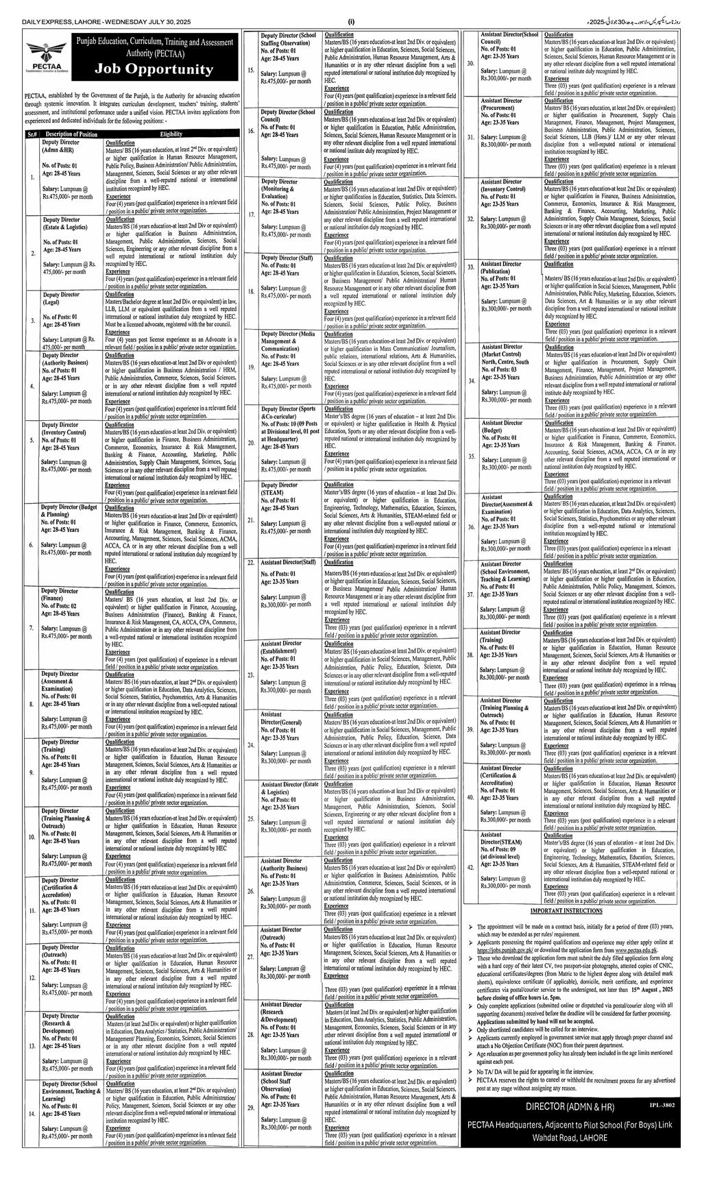 PECTAA Jobs 2025 Advertisement: