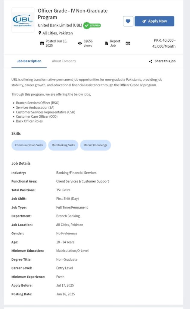 UBL Jobs for Matric & Intermediate Pass Students 2025 Advertisement: