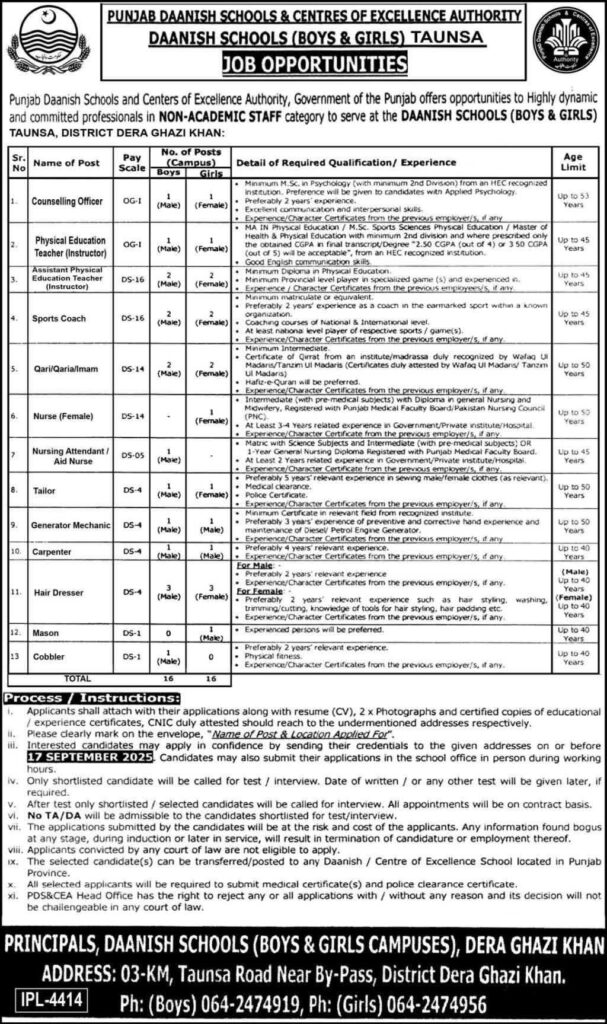 Punjab Danish School Jobs 2025 Advertisement: