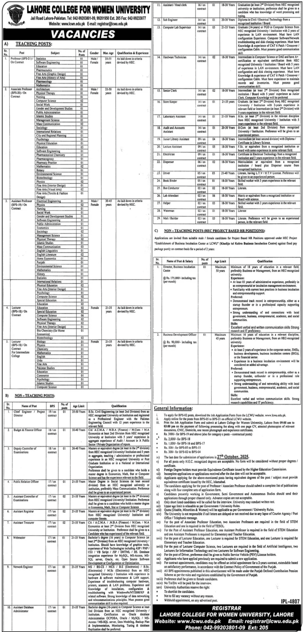 Lahore College for Women University Jobs 2025 Advertisement: