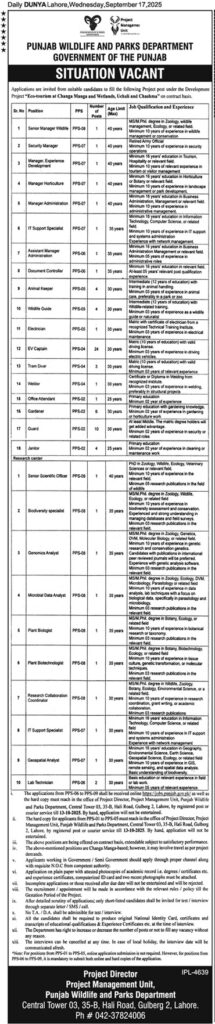 Punjab Wildlife and Parks Department Jobs 2025 Advertisement: