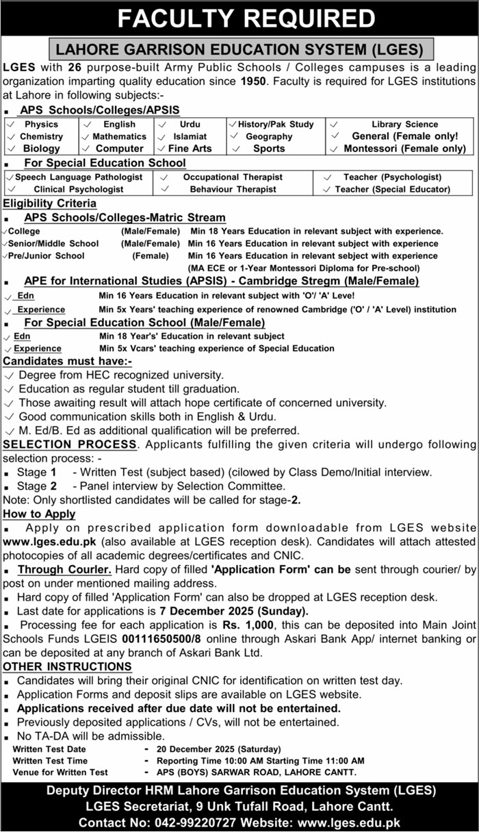 Lahore Garrison Education System Jobs 2025 Official Advertisement: