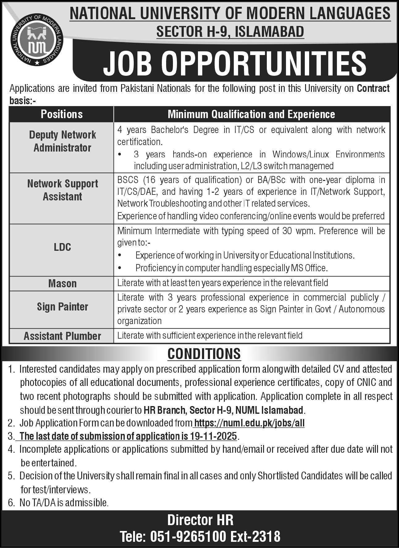 NUML Islamabad Jobs 2025