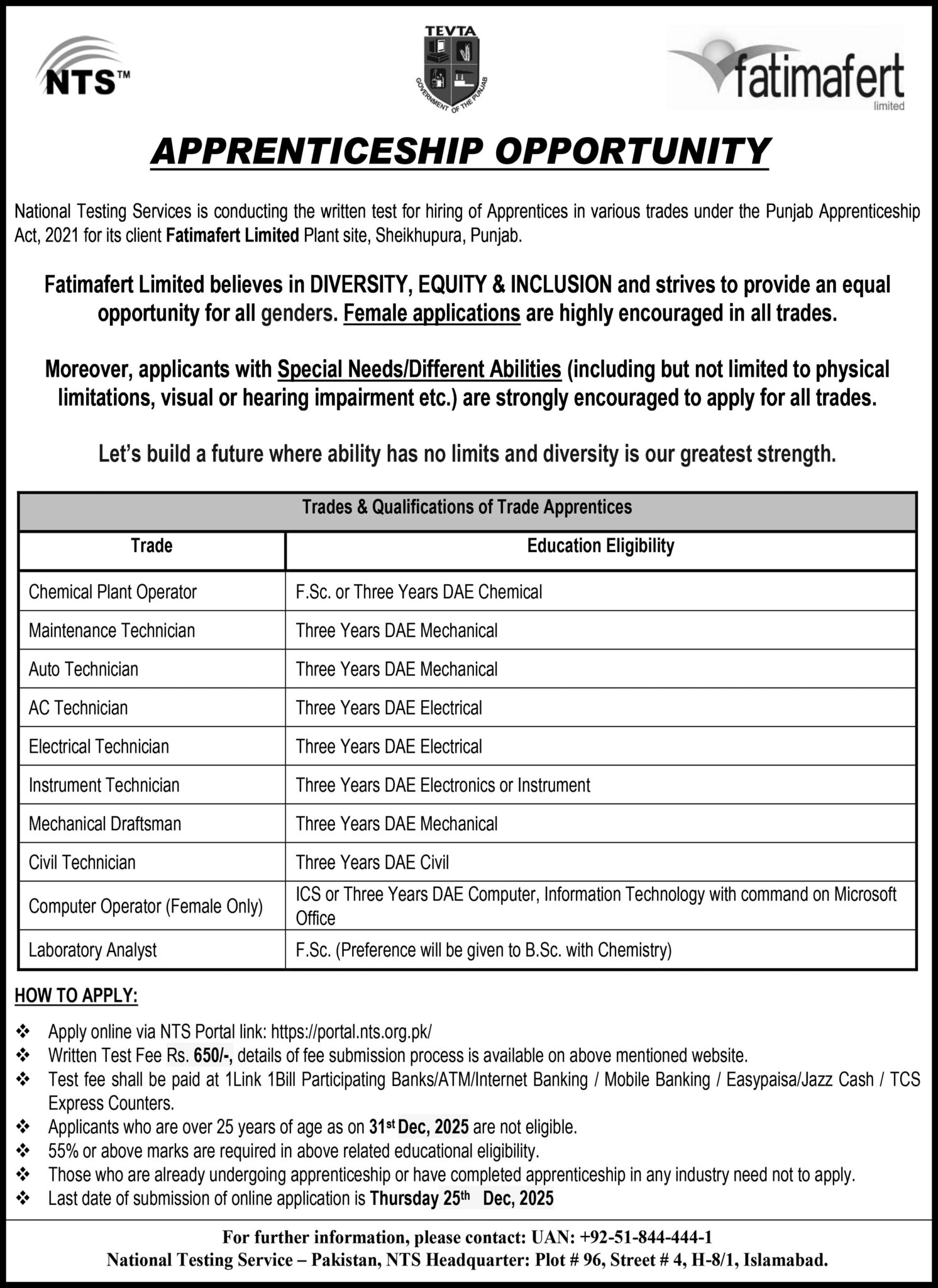 Fatima Fertilizer Apprenticeship Program 2026 Advertisement: