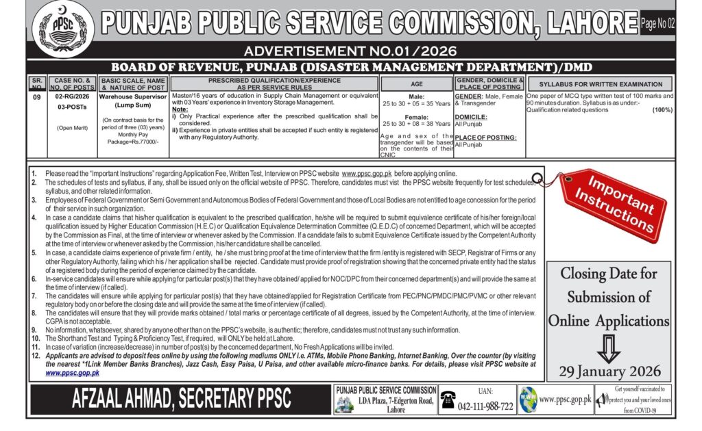 PPSC Jobs 2026 Advertisement No 01/2026: